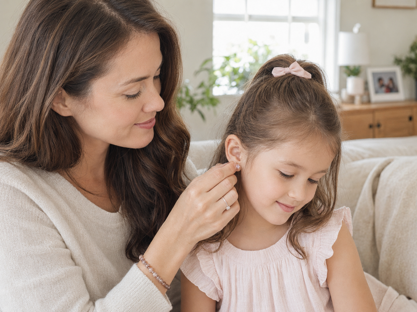 Mother gently adjusting her daughter's pink bow adhesive earring in a cozy living room
