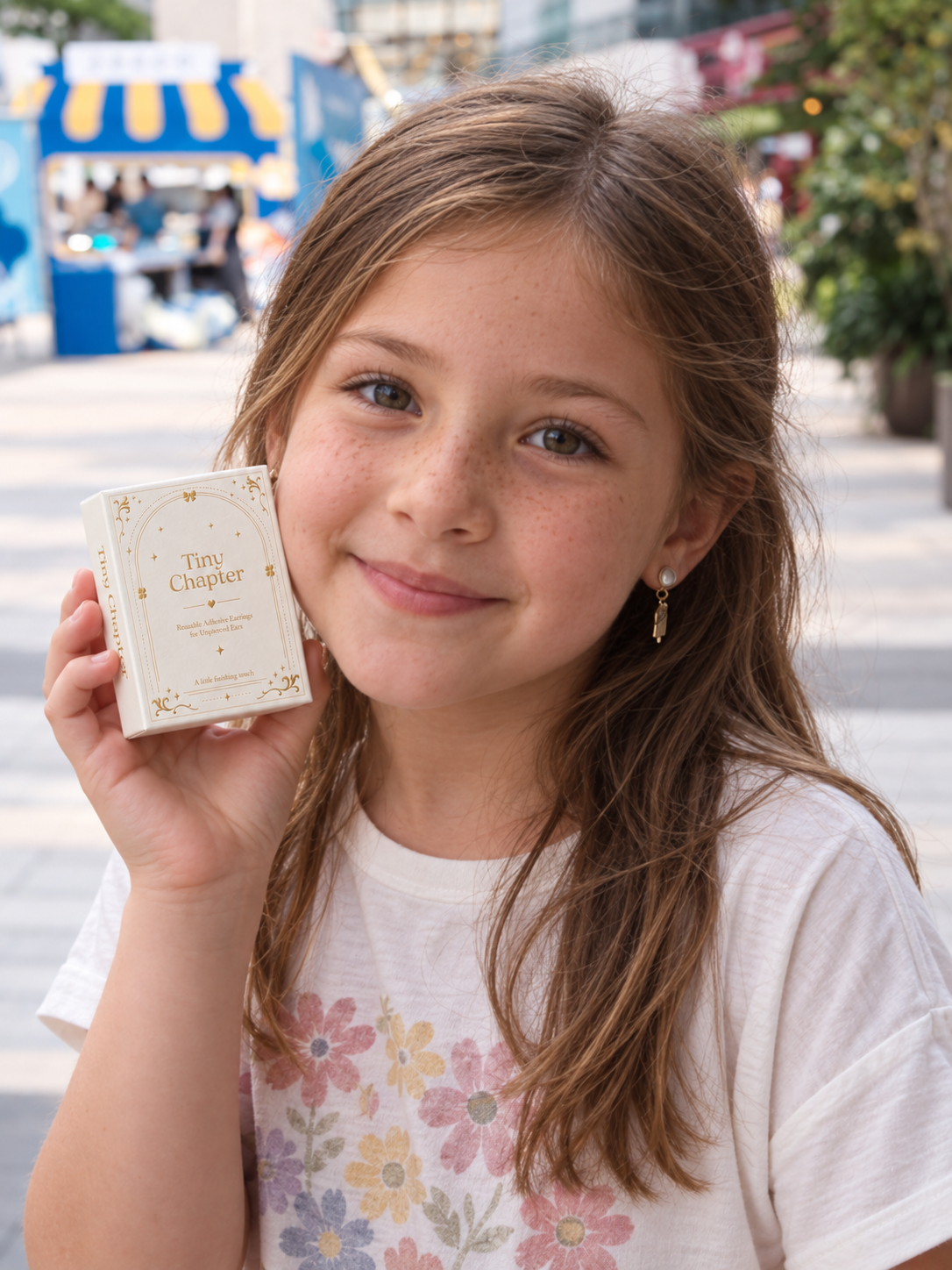 Smiling child holding a Tiny Chapter earring box at an outdoor market